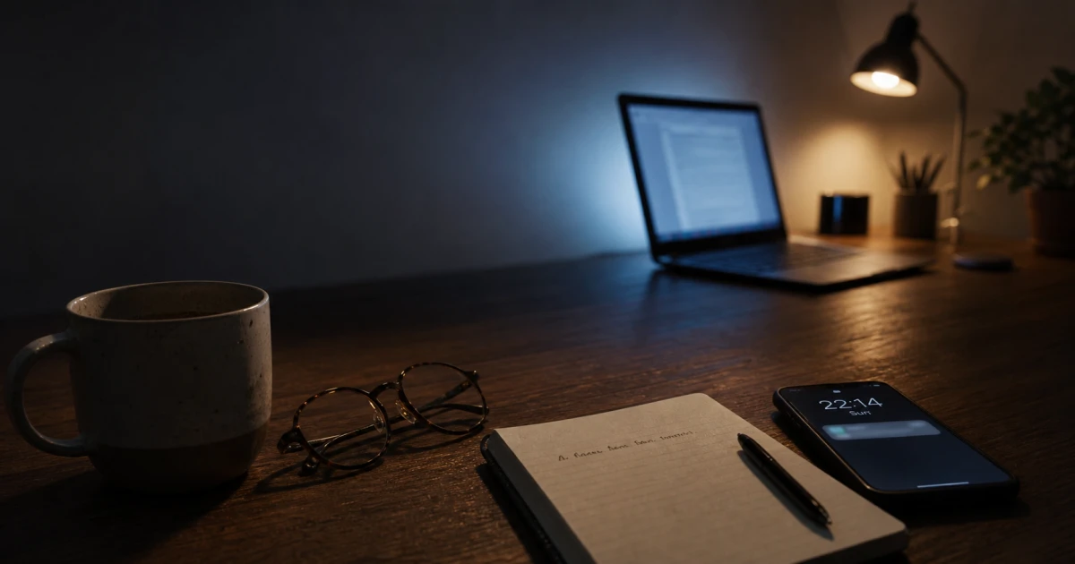 A dark home-office desk at night lit by laptop glow and a small lamp, with a phone on the desk showing a notification at 22:14 on a Sunday.